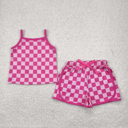 Sibling Baby Girls Strap Plaid Top Short Sports Sets