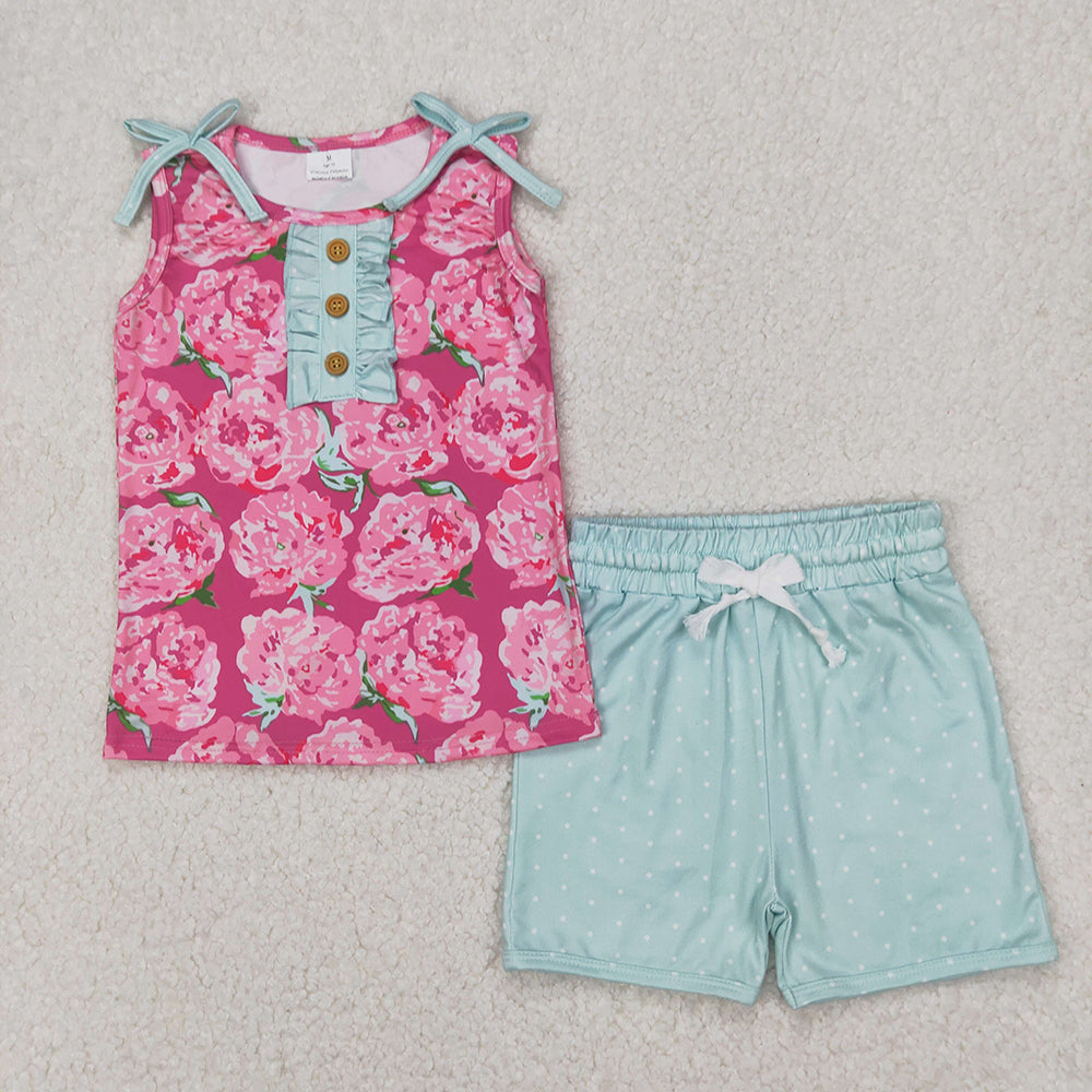 Sibling 4 colors Baby Girls Sleeveless Floral Button Top Shorts Set