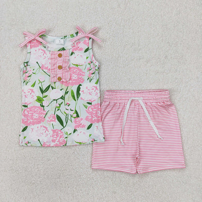 Sibling 4 colors Baby Girls Sleeveless Floral Button Top Shorts Set