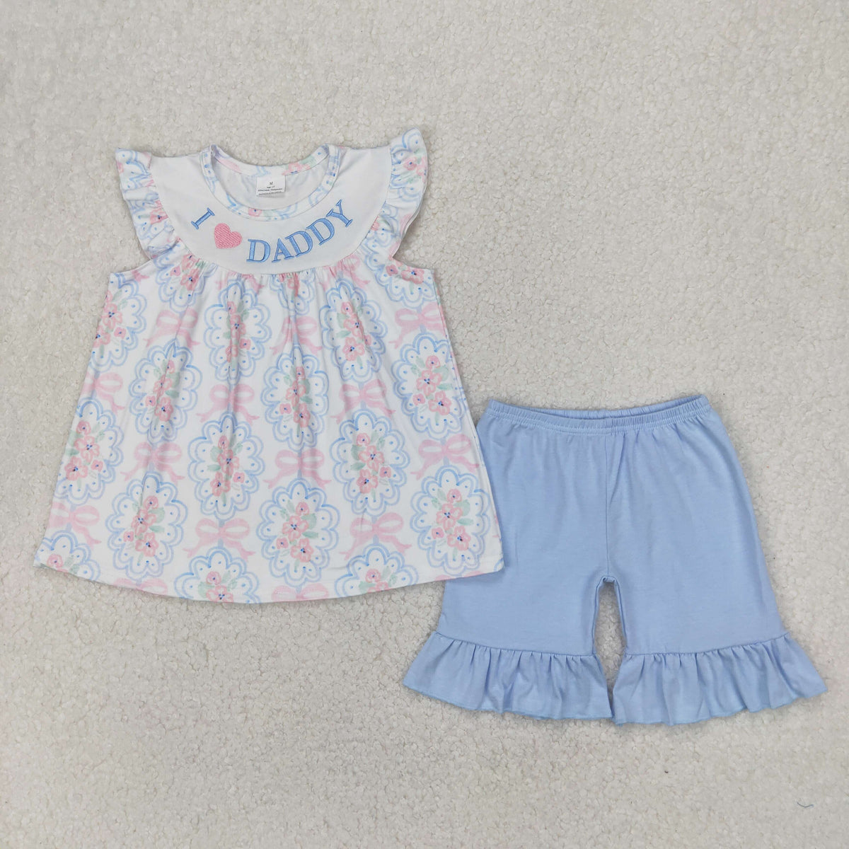 Sibling Baby Girls Embroidery I Love Dad Top Ruffle Shorts Clothes Set