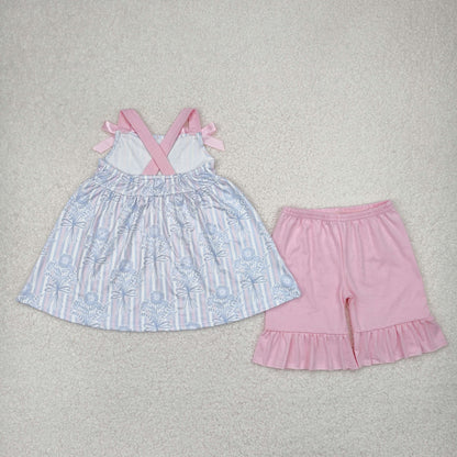 Sibling Baby Girls Strap Flowers Tunic Ruffle Shorts Clothes Sets