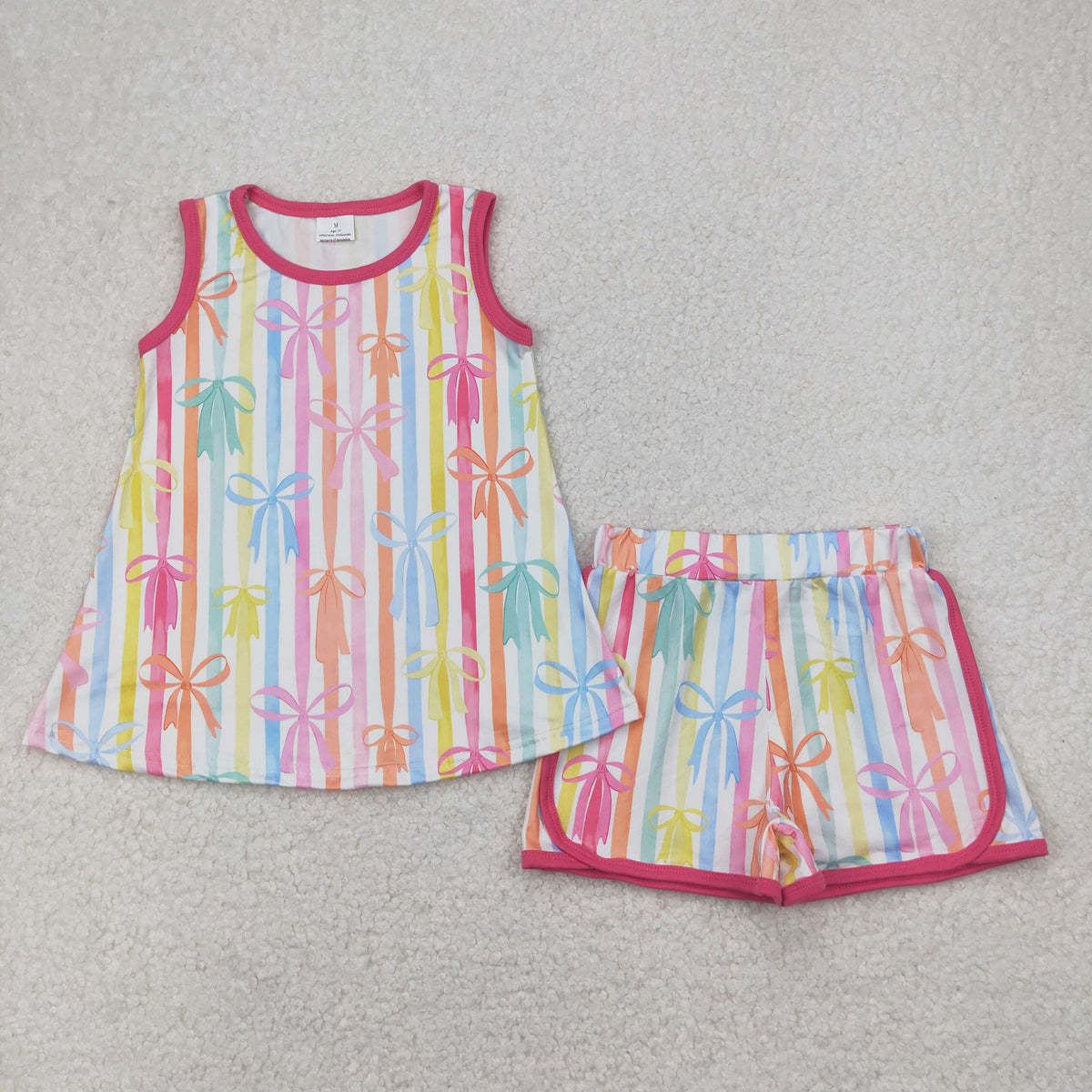 Sibling Baby Girls Sleeveless Colorful Stripe Bows Top Shorts Sets