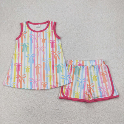 Sibling Baby Girls Sleeveless Colorful Stripe Bows Top Shorts Sets
