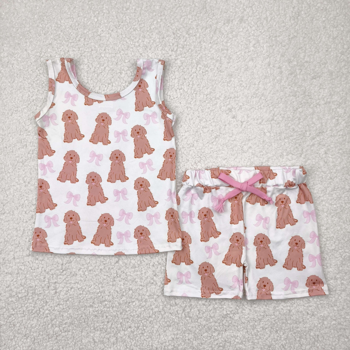 Sibling Baby Girls Sleeveless Bows Dogs Flowers Top Short With Belt Sets