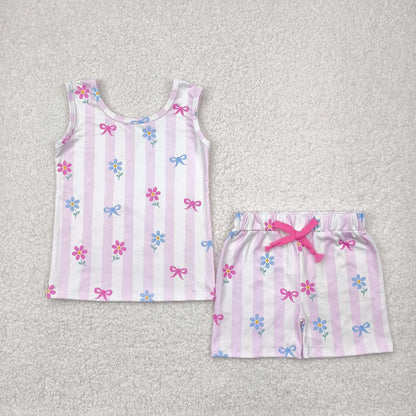 Sibling Baby Girls Sleeveless Bows Dogs Flowers Top Short With Belt Sets