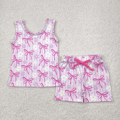 Sibling Baby Girls Sleeveless Bows Dogs Flowers Top Short With Belt Sets