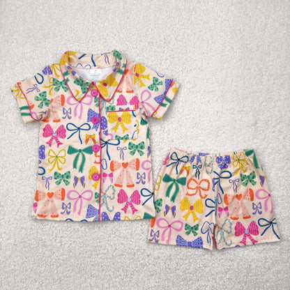 Sibling Baby Girls Colorful Bows Buttons Shirt Shorts Pajamas Clothes Sets