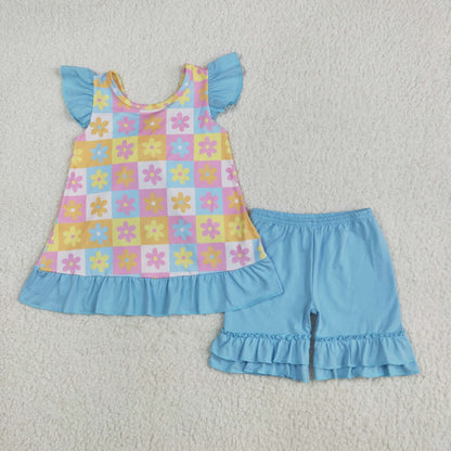Sibling Baby Girls Flowers Checked Flutter Sleeve Back Bows Tunic Ruffle Shorts Clothes Sets