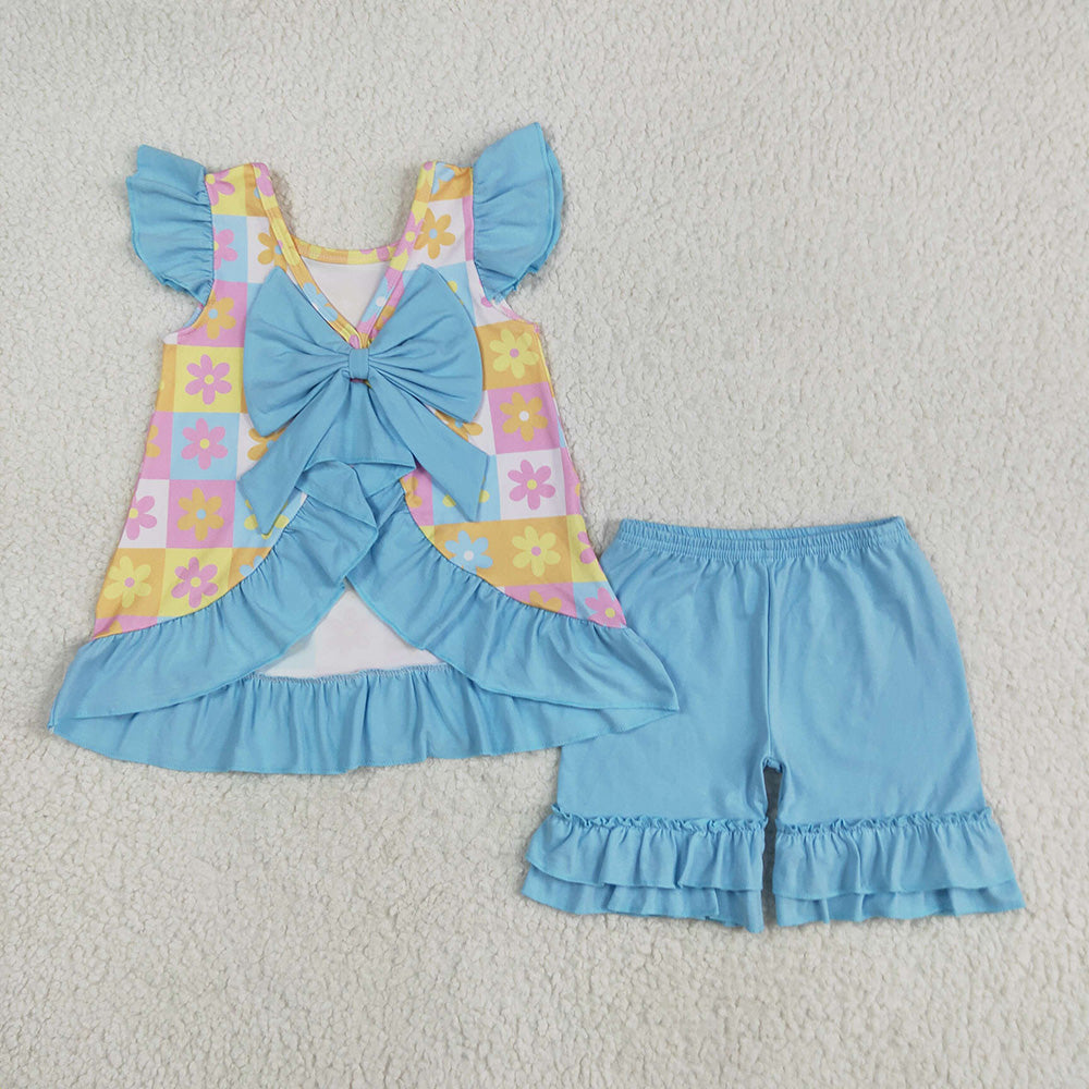 Sibling Baby Girls Blue Top Flowers Rompers Summer Outfits Sets