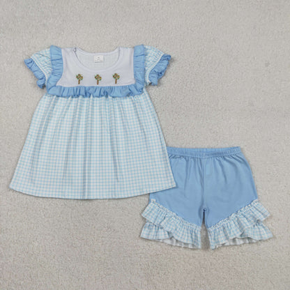 Sibling Baby Girls Blue Checked Embroidery Floral Crosses Tunic Ruffle Shorts Knee Length Dress