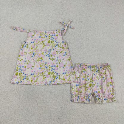 Sibling Baby Girls Colorful Flowers Beach Bows Tunic Ruffle Short Clothes Sets