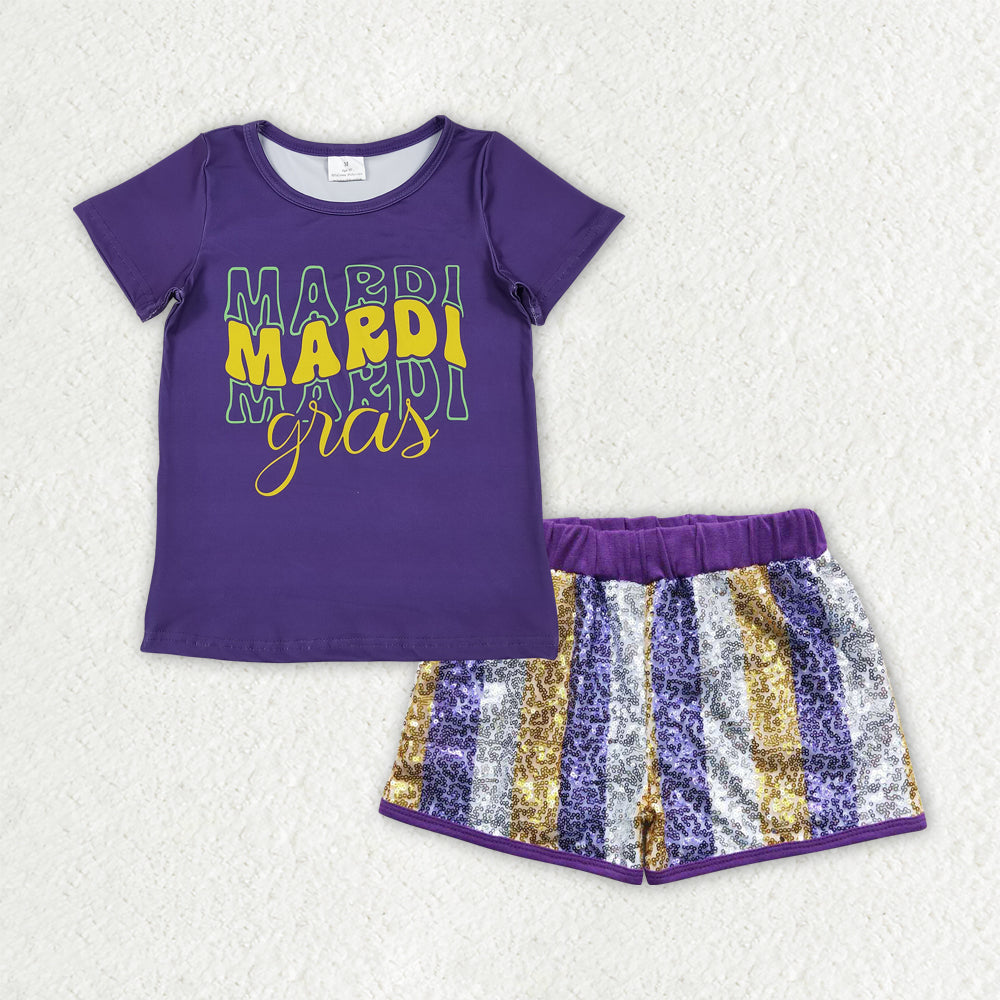 Baby Girls Purple Shirts Top Stripe Sequin Shorts Mardigras Clothes Sets