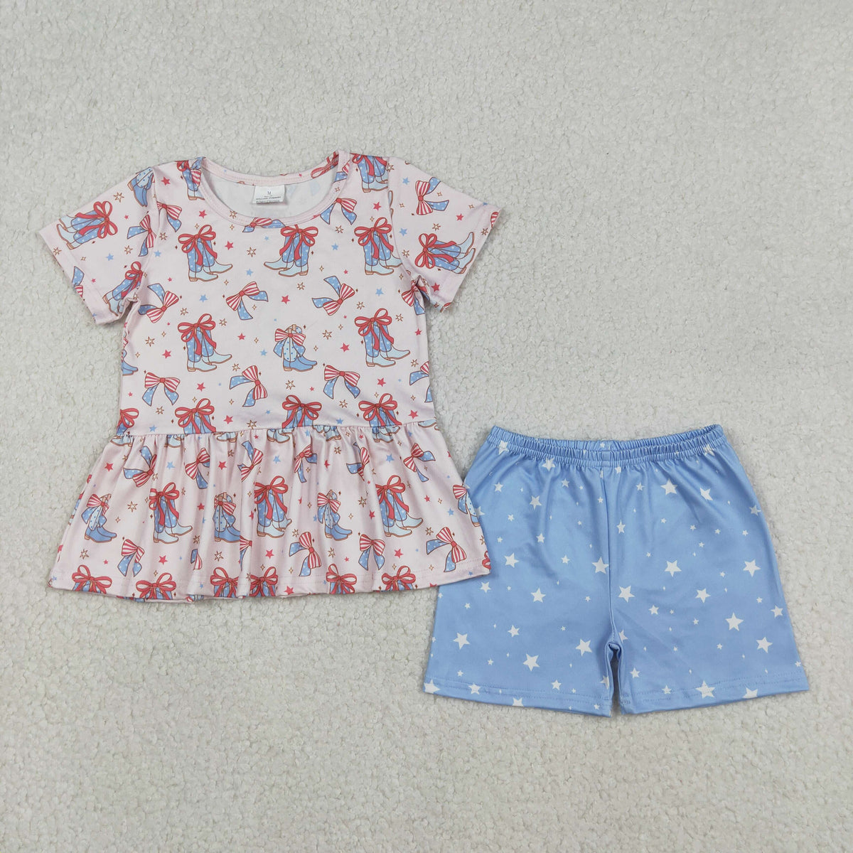 Sibling Baby Girls Red Blue Bows Boots Ruffle Tunic Shorts 4th of July Clothes Sets