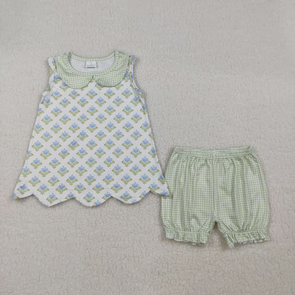 Sibling Baby Girls Colorful Flowers Beach Bows Tunic Ruffle Short Clothes Sets
