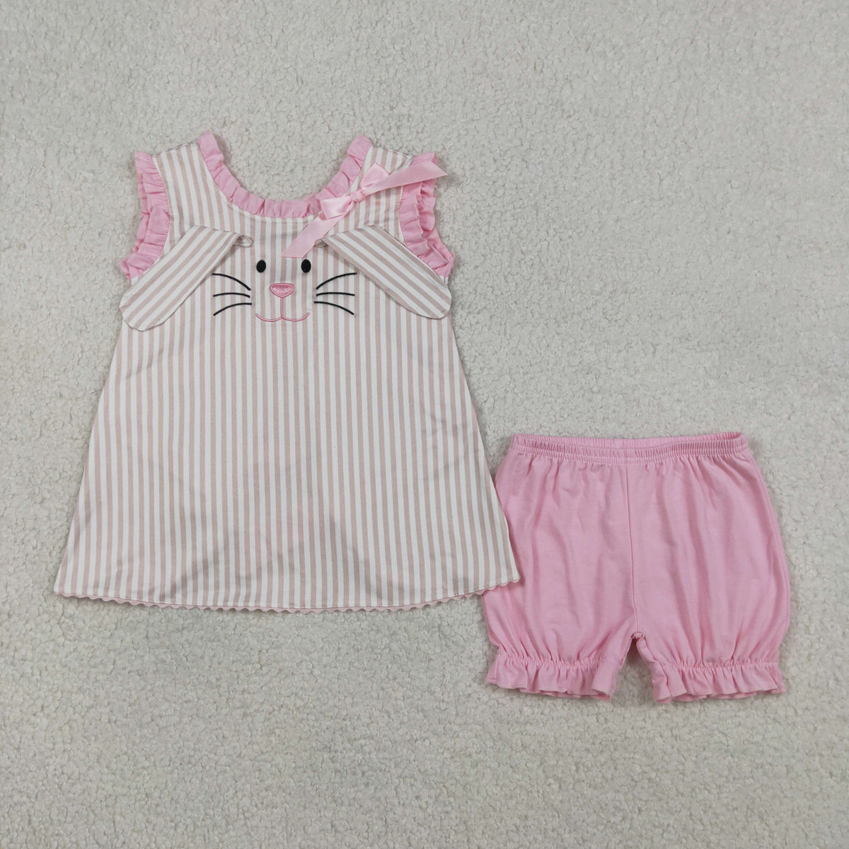 GSSO2924 Baby Girls Pink Stripe Embroidery Rabbit Tunic Ruffle Short Easter Clothes Set