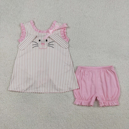 GSSO2924 Baby Girls Pink Stripe Embroidery Rabbit Tunic Ruffle Short Easter Clothes Set