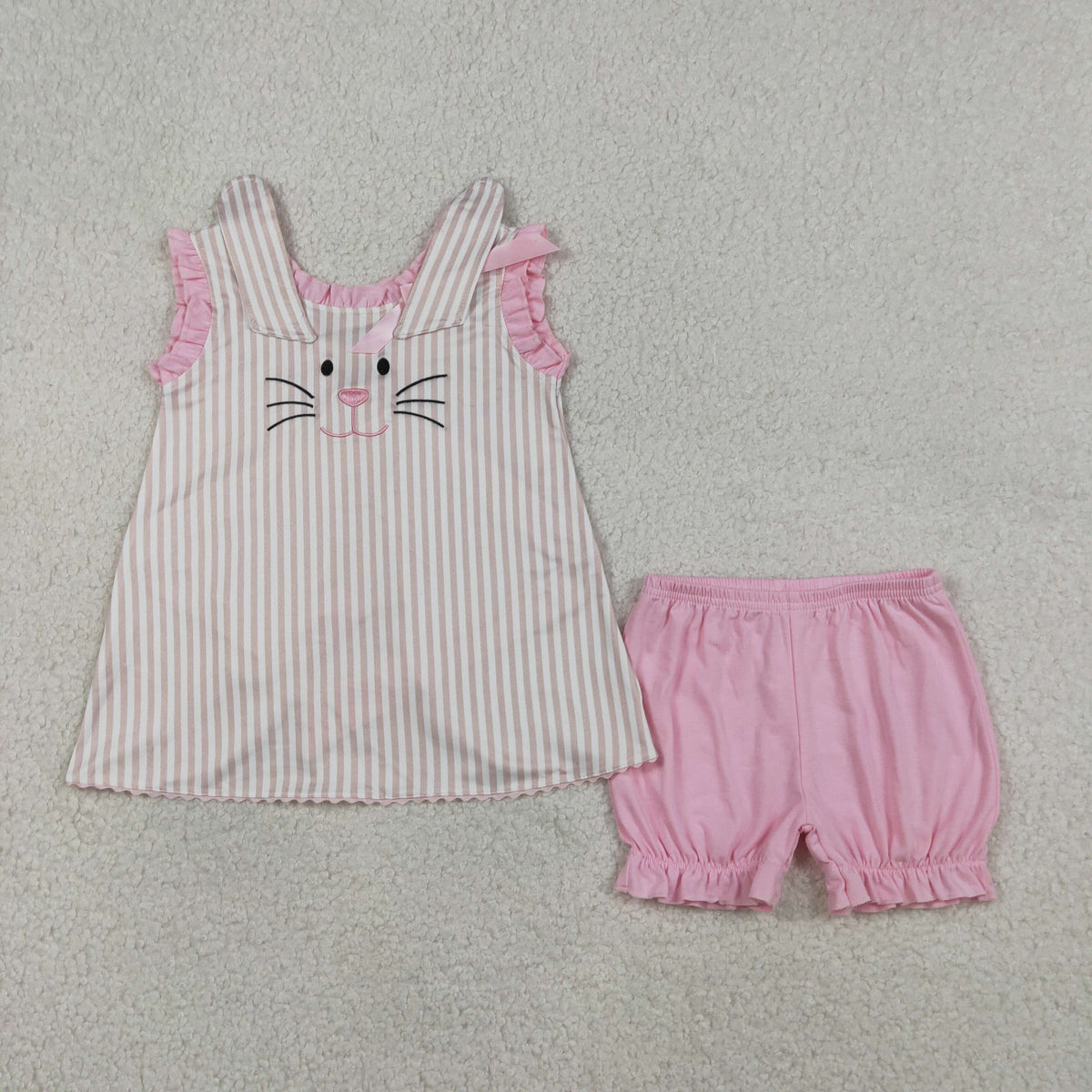 GSSO2924 Baby Girls Pink Stripe Embroidery Rabbit Tunic Ruffle Short Easter Clothes Set
