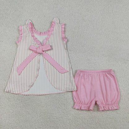 GSSO2924 Baby Girls Pink Stripe Embroidery Rabbit Tunic Ruffle Short Easter Clothes Set