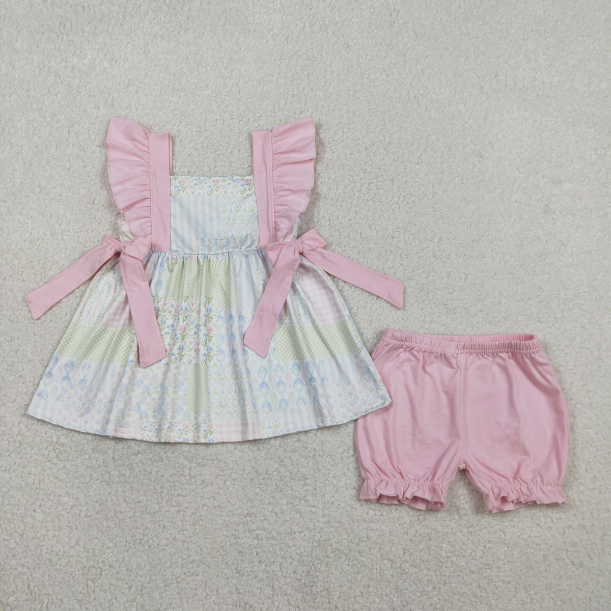 Sibling Baby Girls Colorful Flowers Beach Bows Tunic Ruffle Short Clothes Sets