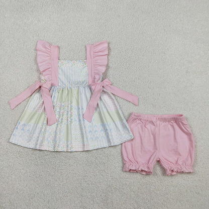 Sibling Baby Girls Colorful Flowers Beach Bows Tunic Ruffle Short Clothes Sets