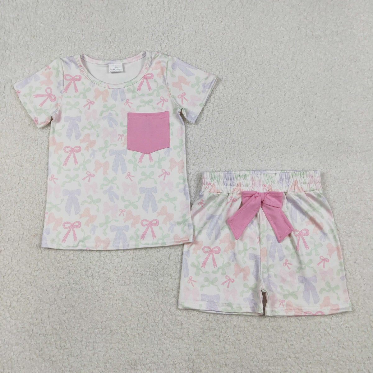 GSSO2990 Baby Girls Colorful Bows Pocket Top Short Pajamas Clothes Sets