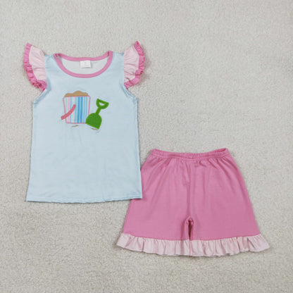 Sibling Baby Girls Embroidery Beach Stripe Tunic Ruffle Shorts Clothes Sets