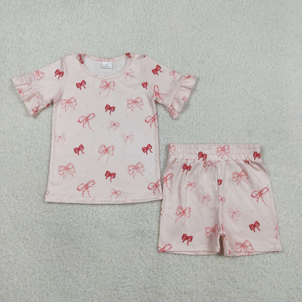 GSSO2996 Baby Girls Short Ruffle Sleeve Pink Bows Top Short Pajamas Sets