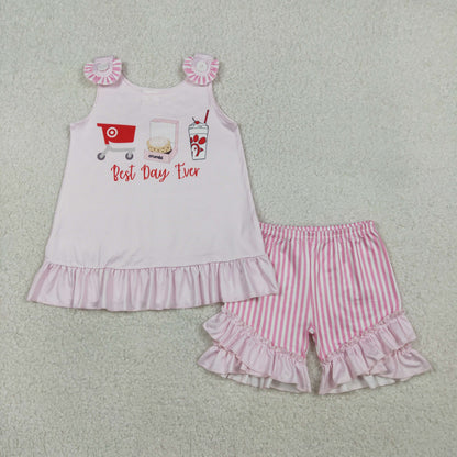 Sibling Baby Girls Pink Stripe Best Day Ever Tunic Ruffle Short Clothes Set Back Bow Rompers