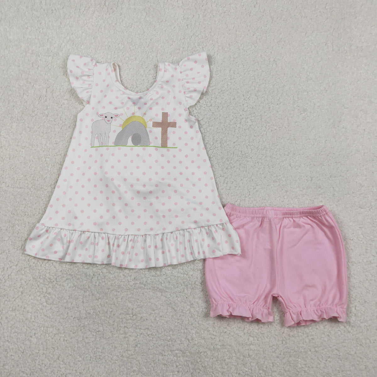 GSSO3018 Baby Girls Polka Dots Cross Back Bow Tunic Ruffle Short Easter Clothes Sets