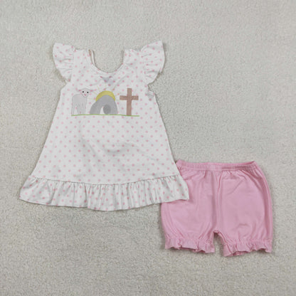 GSSO3018 Baby Girls Polka Dots Cross Back Bow Tunic Ruffle Short Easter Clothes Sets