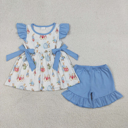 Sibling Baby Girls Rabbits Button Tunic Ruffle Short Pants Easter Clothes Sets