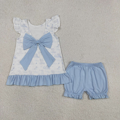 GSSO3061 Baby Girls Flutter Sleeve Dogs Butterfly Back Bows Tunic Ruffle Short Clothes Set