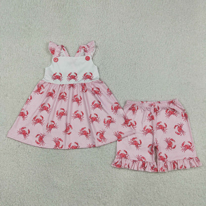 GSSO3066 Baby Girls Red Stripe Crabs Back Bow Tunic Ruffle Short Clothes Set