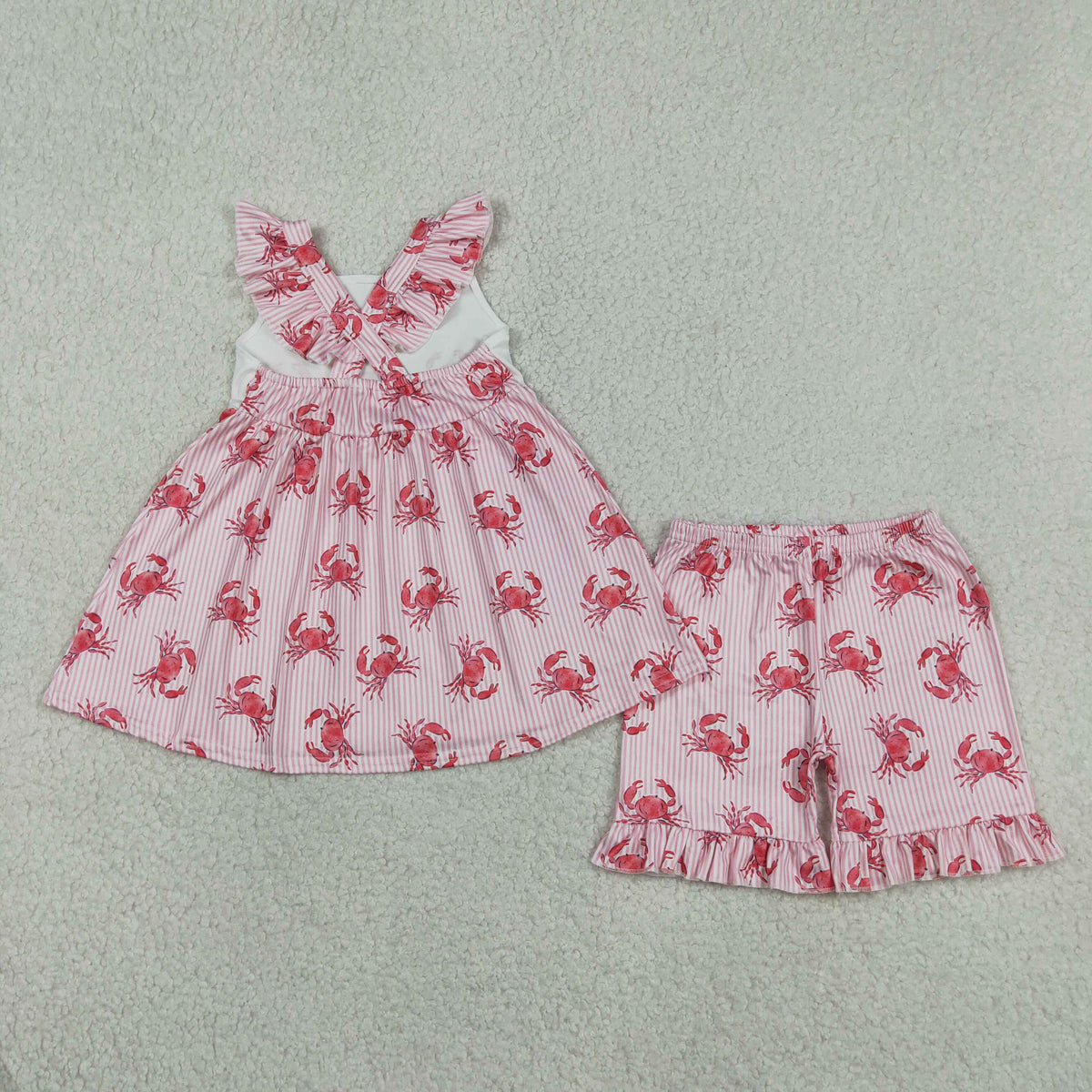 GSSO3066 Baby Girls Red Stripe Crabs Back Bow Tunic Ruffle Short Clothes Set