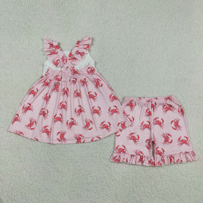 GSSO3066 Baby Girls Red Stripe Crabs Back Bow Tunic Ruffle Short Clothes Set