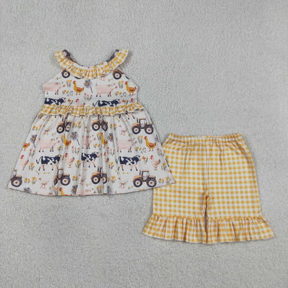 GSSO3071 Baby Girls Chicks Pigs Tunic Yellow Checked Ruffle Short Farm Clothes Set