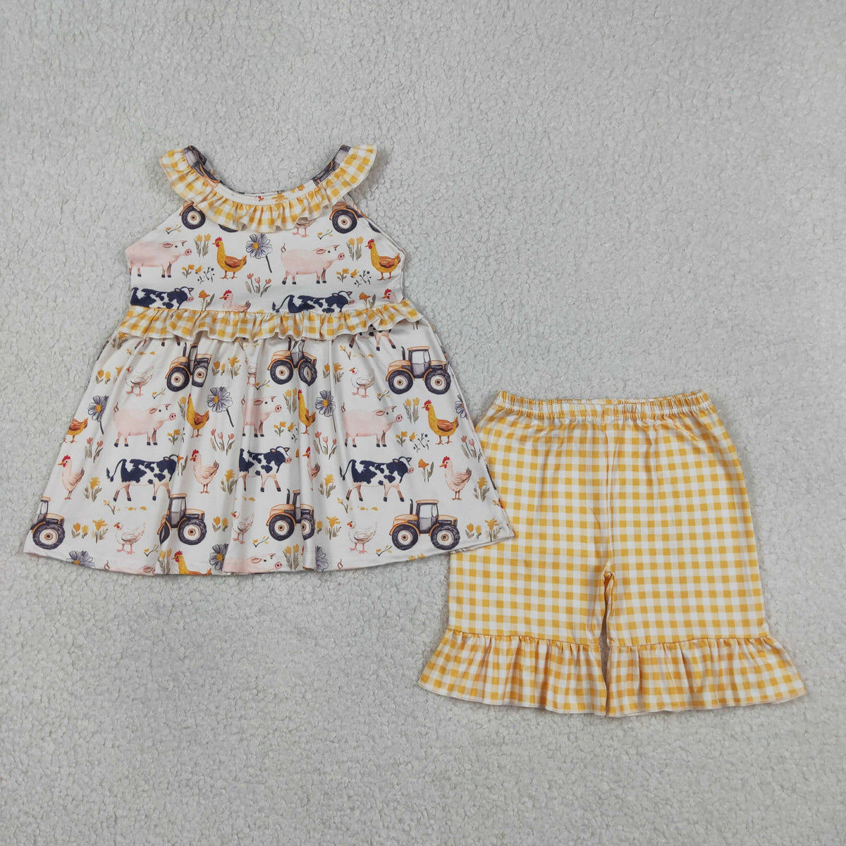 Sibling Baby Girls Pigs Cows Tunic Checked Ruffle Short Farm Clothes Set Rompers