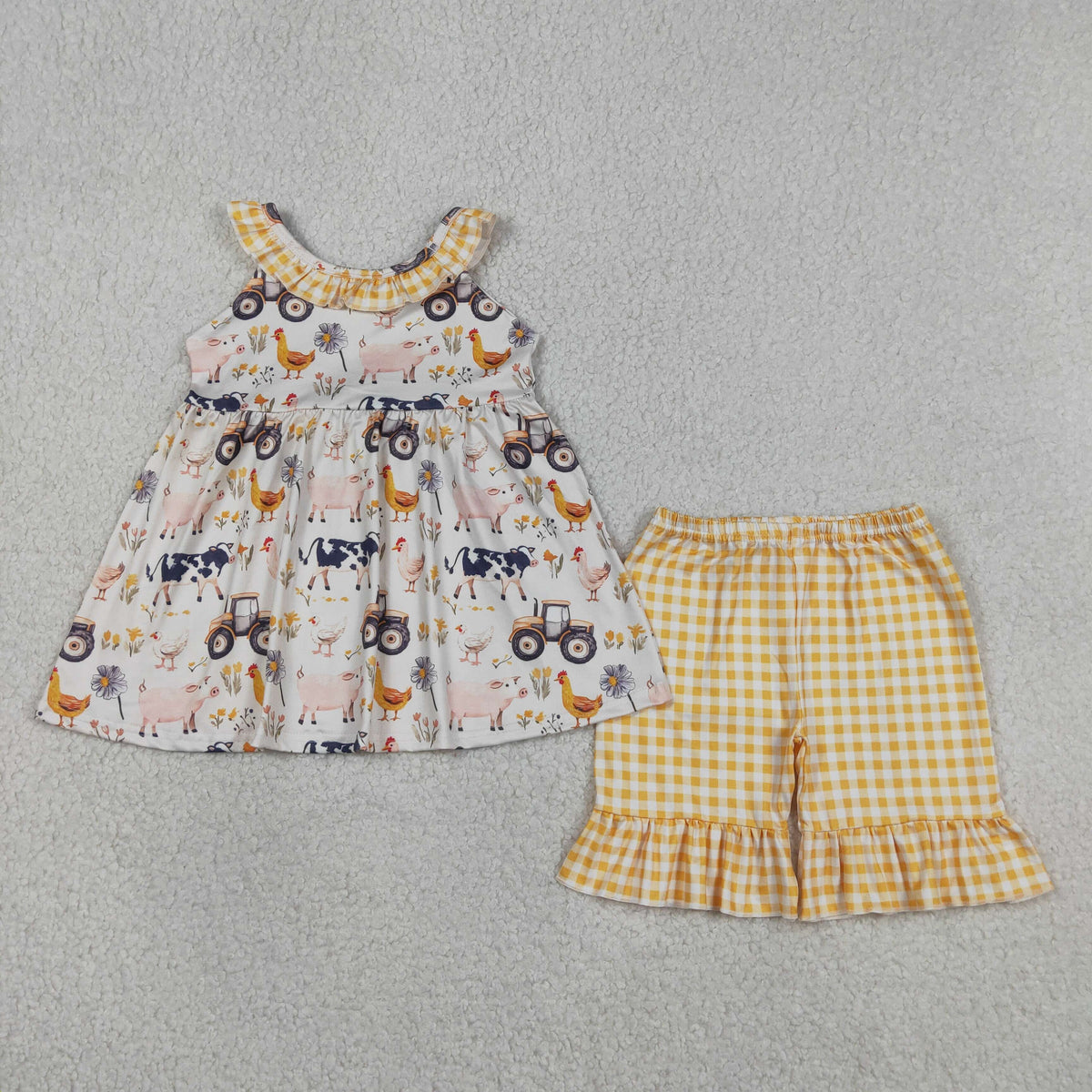 GSSO3071 Baby Girls Chicks Pigs Tunic Yellow Checked Ruffle Short Farm Clothes Set