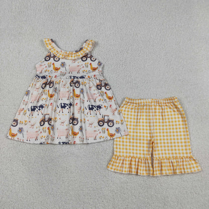 GSSO3071 Baby Girls Chicks Pigs Tunic Yellow Checked Ruffle Short Farm Clothes Set