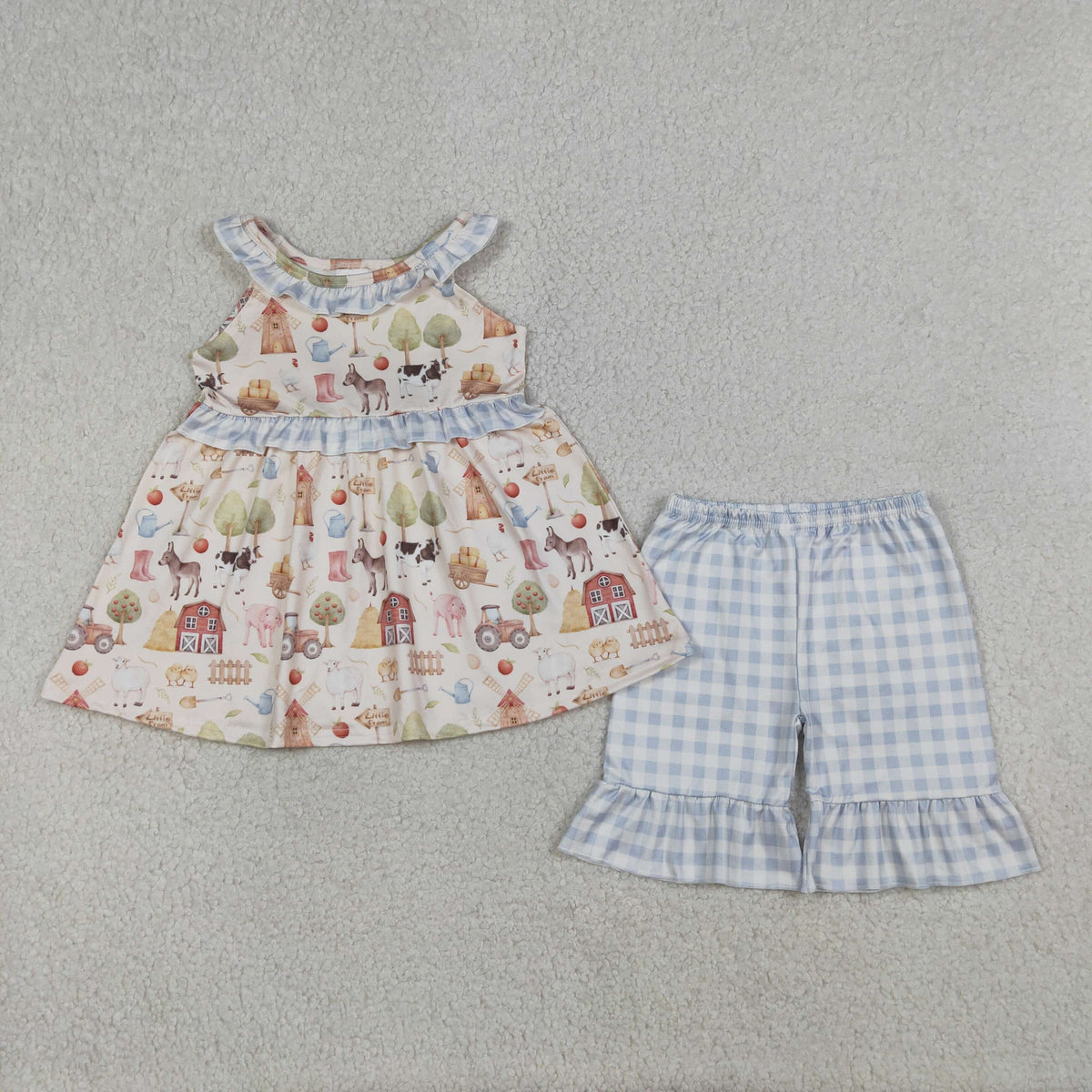 Sibling Baby Girls Sleeveless Pigs Cows Tunic Ruffle Short Farm Clothes Set Rompers