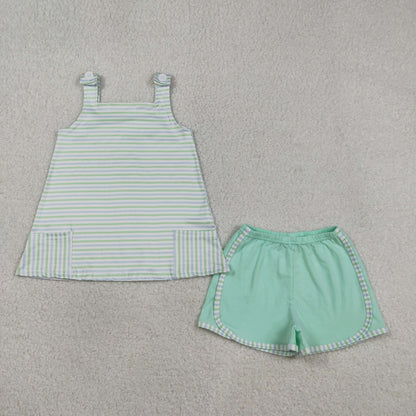 Sibling Baby Boys Girls Aqua Stripe Pockets Tunic Short Clothes Set Sleeveless Romper