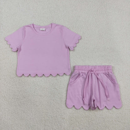 Mama and Me Girls Pink Top Pockets Short Scallop Cotton Clothes Sets