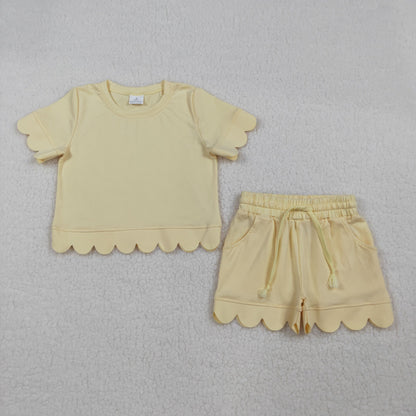 Mama and Me Girls Yellow Top Pockets Short Scallop Cotton Clothes Sets