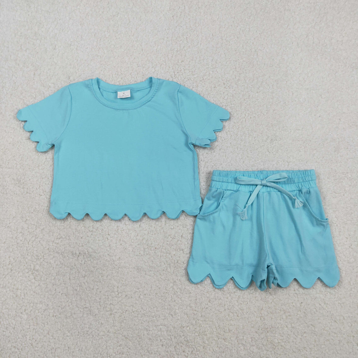 Mama and Me Girls Blue Top Pockets Short Scallop Cotton Clothes Sets