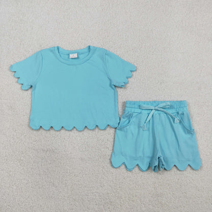 Mama and Me Girls Blue Top Pockets Short Scallop Cotton Clothes Sets