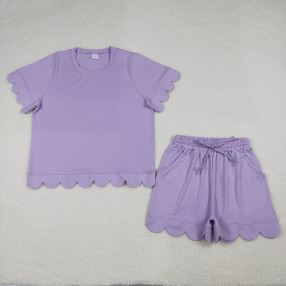 Sibling Adult Women Short Sleeve Shirts Top Pockets Short Scallop Clothes Set