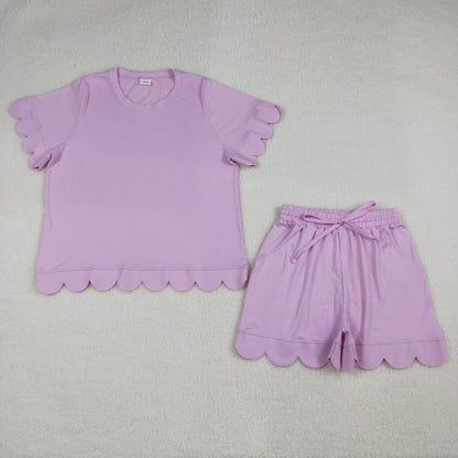 Mama and Me Girls Pink Top Pockets Short Scallop Cotton Clothes Sets