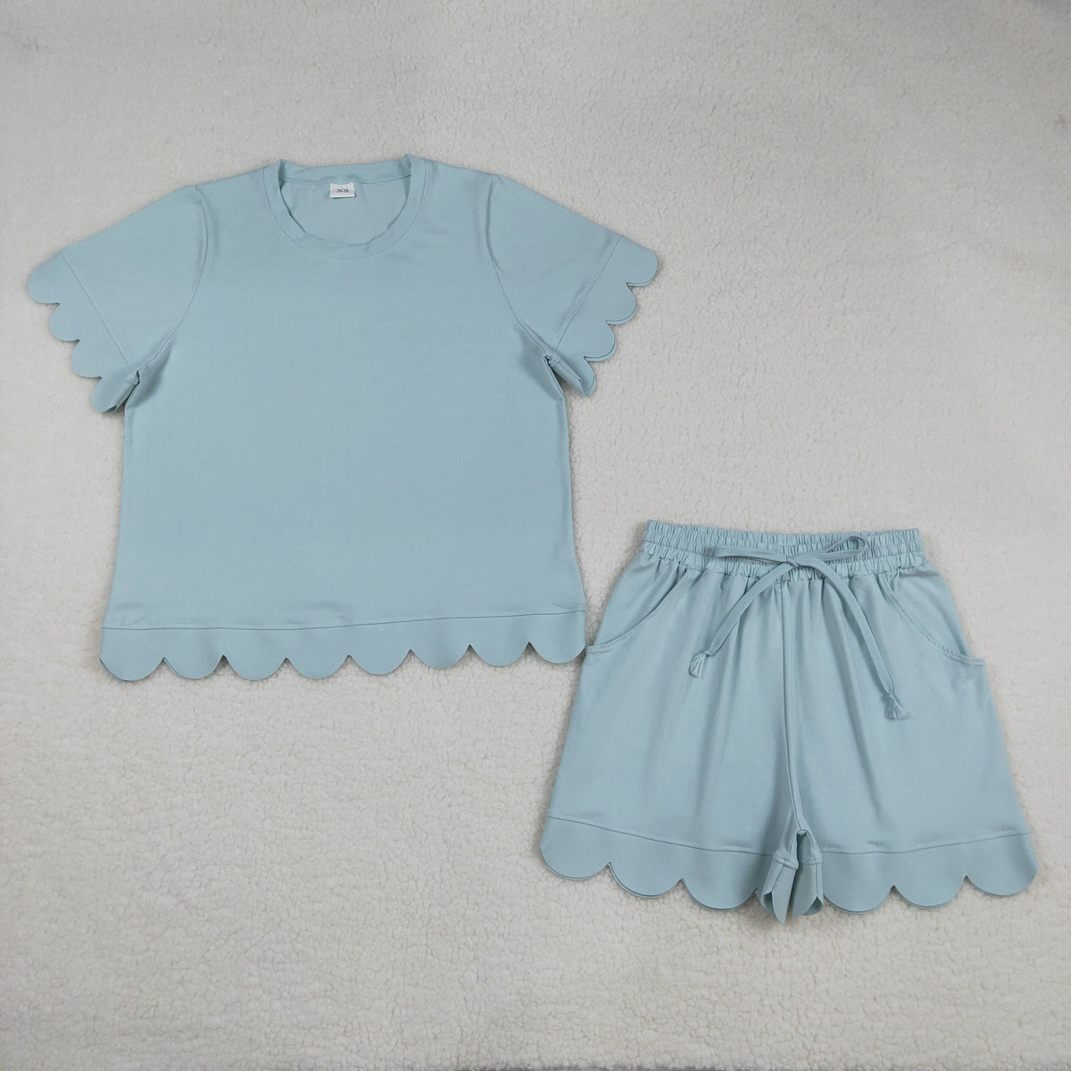 Sibling Adult Women Short Sleeve Shirts Top Pockets Short Scallop Clothes Set