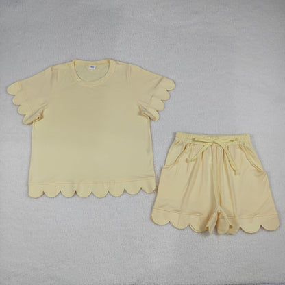 Mama and Me Girls Yellow Top Pockets Short Scallop Cotton Clothes Sets