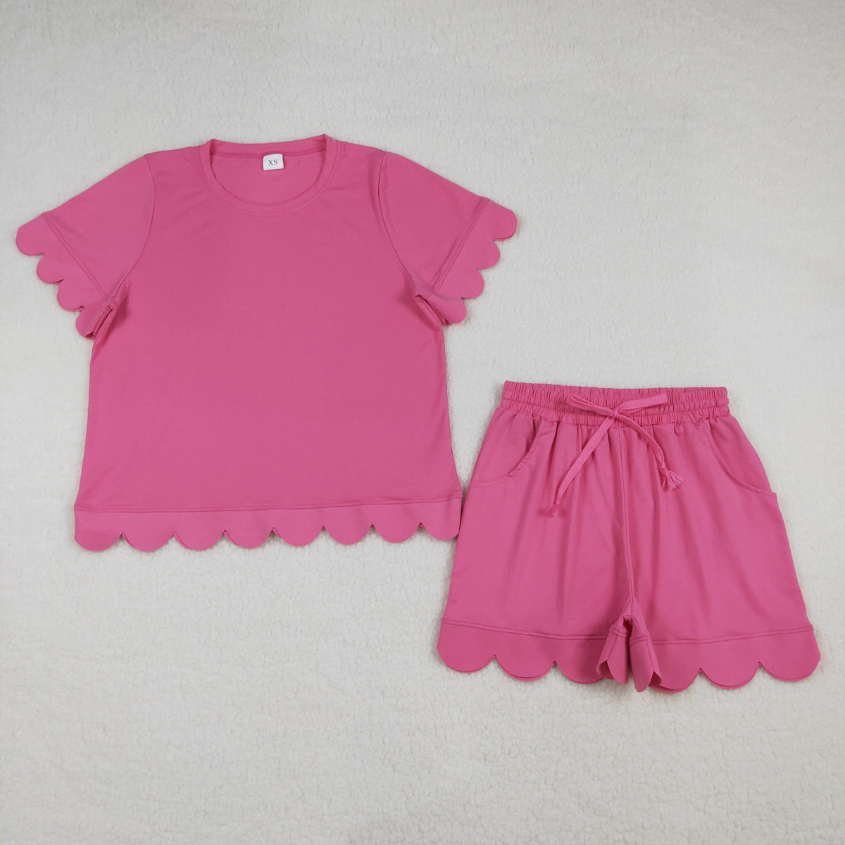Sibling Adult Women Short Sleeve Shirts Top Pockets Short Scallop Clothes Set